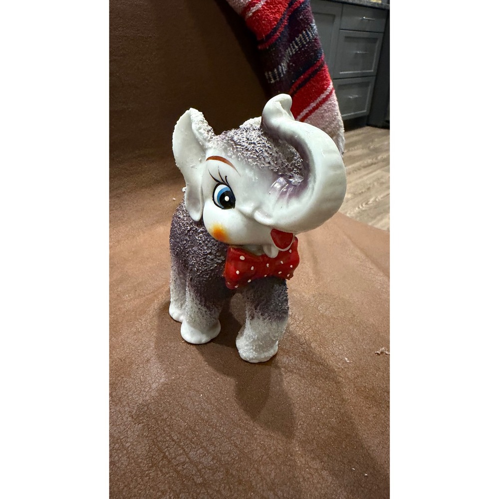 Vintage Spaghetti Ceramic Elephant Figurine Purple White Bow Tie 7691 Hallmark